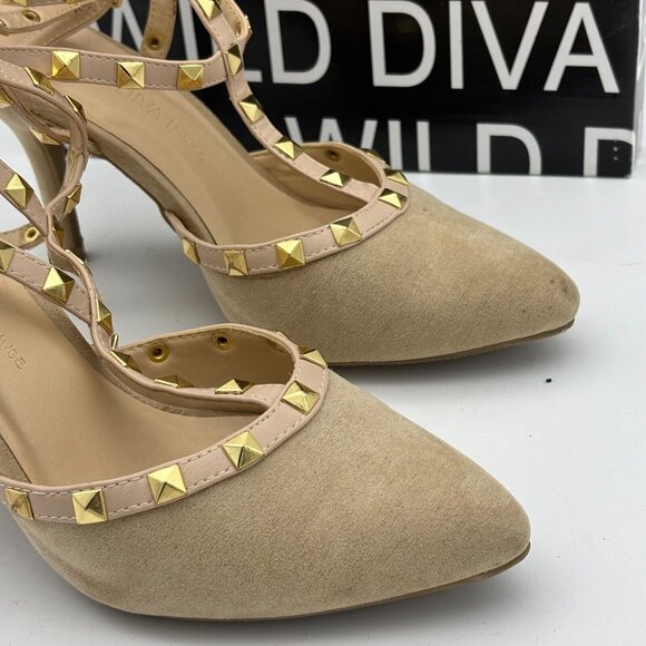 Wild Diva Heels Studded Beige & Gold Stiletto Buckle Accent Pointed Closed Toe - Picture 2 of 6